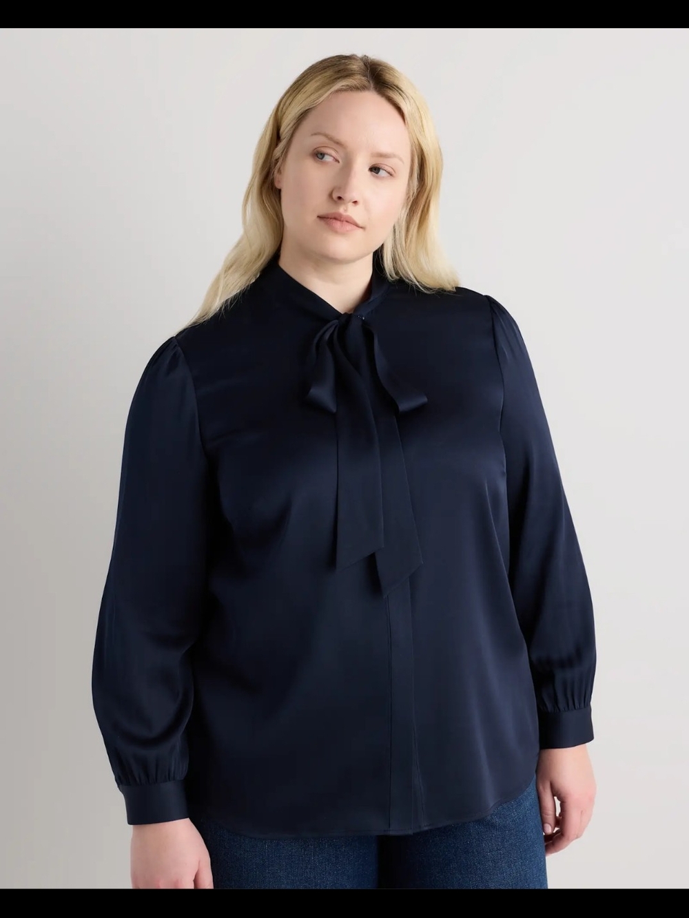 Quince Plus Size Silk Tie Neck Blouse Rich Navy 3X NWT